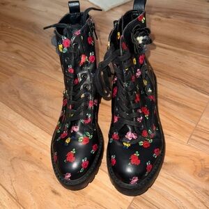 Women's Black Floral Lace-Up Combat Booties